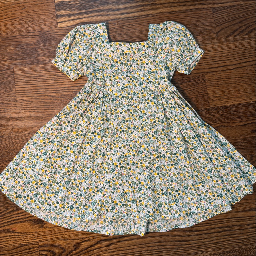 House of Louloo Floral Puff Sleeve Dress with Yellow Bow Detail in Back, Sz 3-4